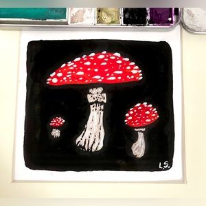 Original mini illustration: Midnight Mushrooms gouache watercolor cottagecore
